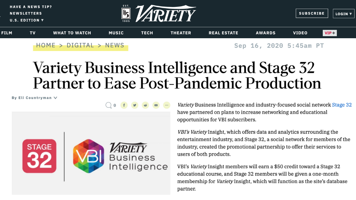 Variety Insight and Stage 32 Join Forces to Provide Industry Creatives and Professionals Data Analytics and World Class Education
