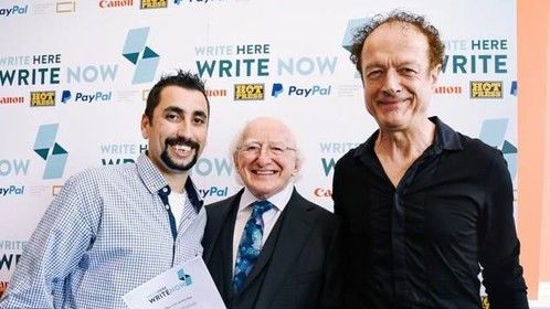 Jay Red, Michael D Higgins (president of Ireland) and Niall Stokes (editor of Hotpress Magazine 2018)