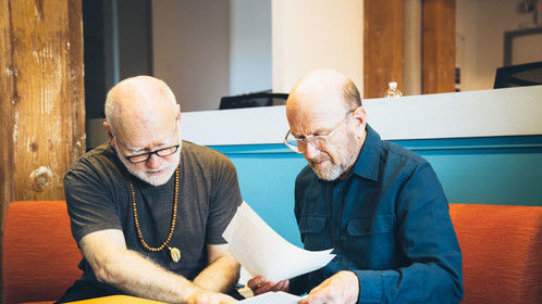 Director Steve Perkins and actor Rick Sadle, who performs as Walter in THE OLD ROGUE, go over script notes.