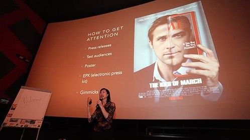 Director Fiona Ashe giving a talk on low budget filmmaking at the Cluj Film Festival, 2015.