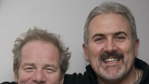 Ronie and actor Peter Mullan during the filming of Neighbours.