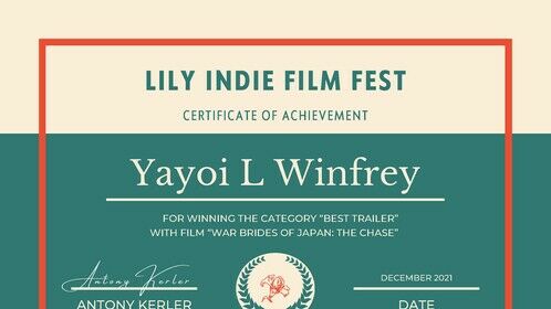 &quot;War Brides of Japan, a docu*memory: The Chase&quot; won a Best Trailer award certificate at the Lily Indie Film Fest. #warbridesofjapan www.warbridesofjapan.com