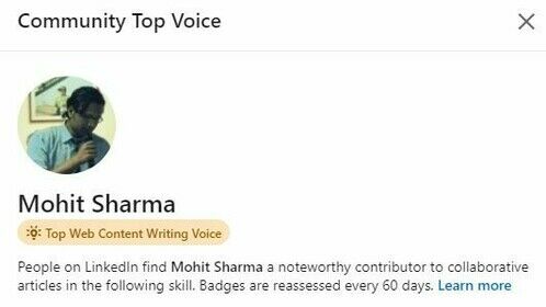 New Linkedin Badge - Top Web Content Writing Voice
#badge #mohitness #mohit_trendster #linkedin #content #writing #Recognition 